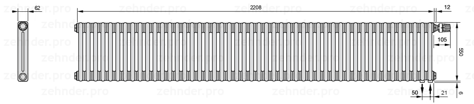 Схема (чертеж) Радиатор Zehnder Charleston 2055/48 №V002 Белый глянцевый RAL 9016
